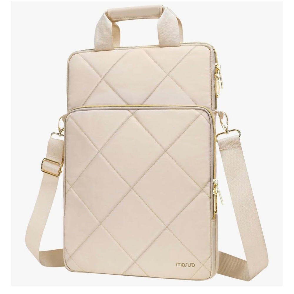 Mosiso Vertical Quilted Laptop Shoulder Bag Cream Padded Travel Messenger Case